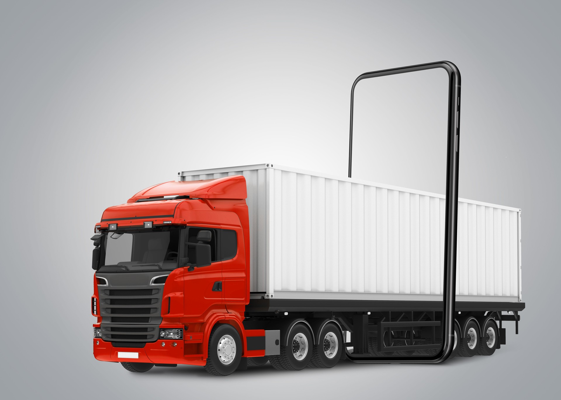 3d illustration of truck coming out from mobile, online shipment cargo isolated. System transport and logistics of truck container cargo.